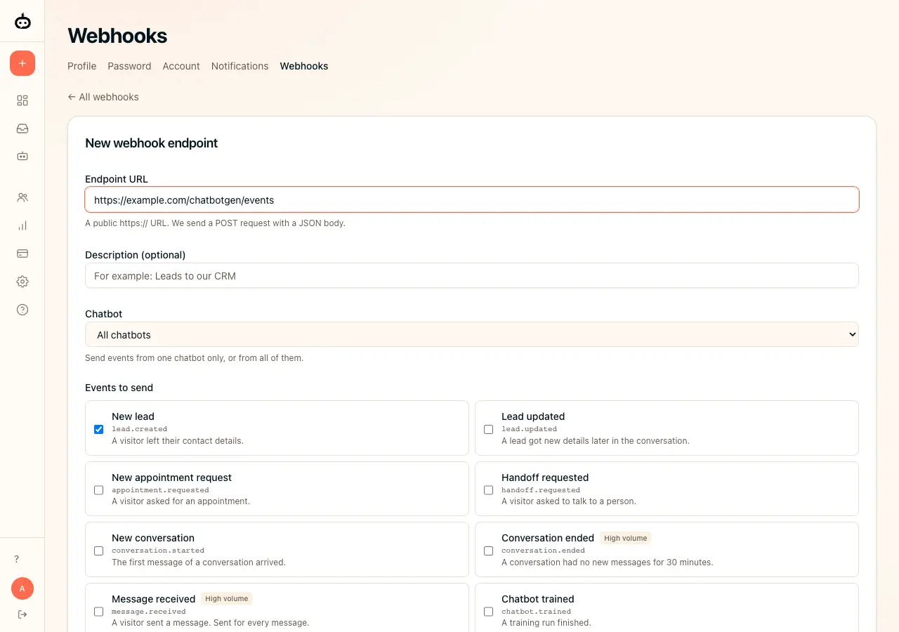 Create a webhook endpoint and choose events