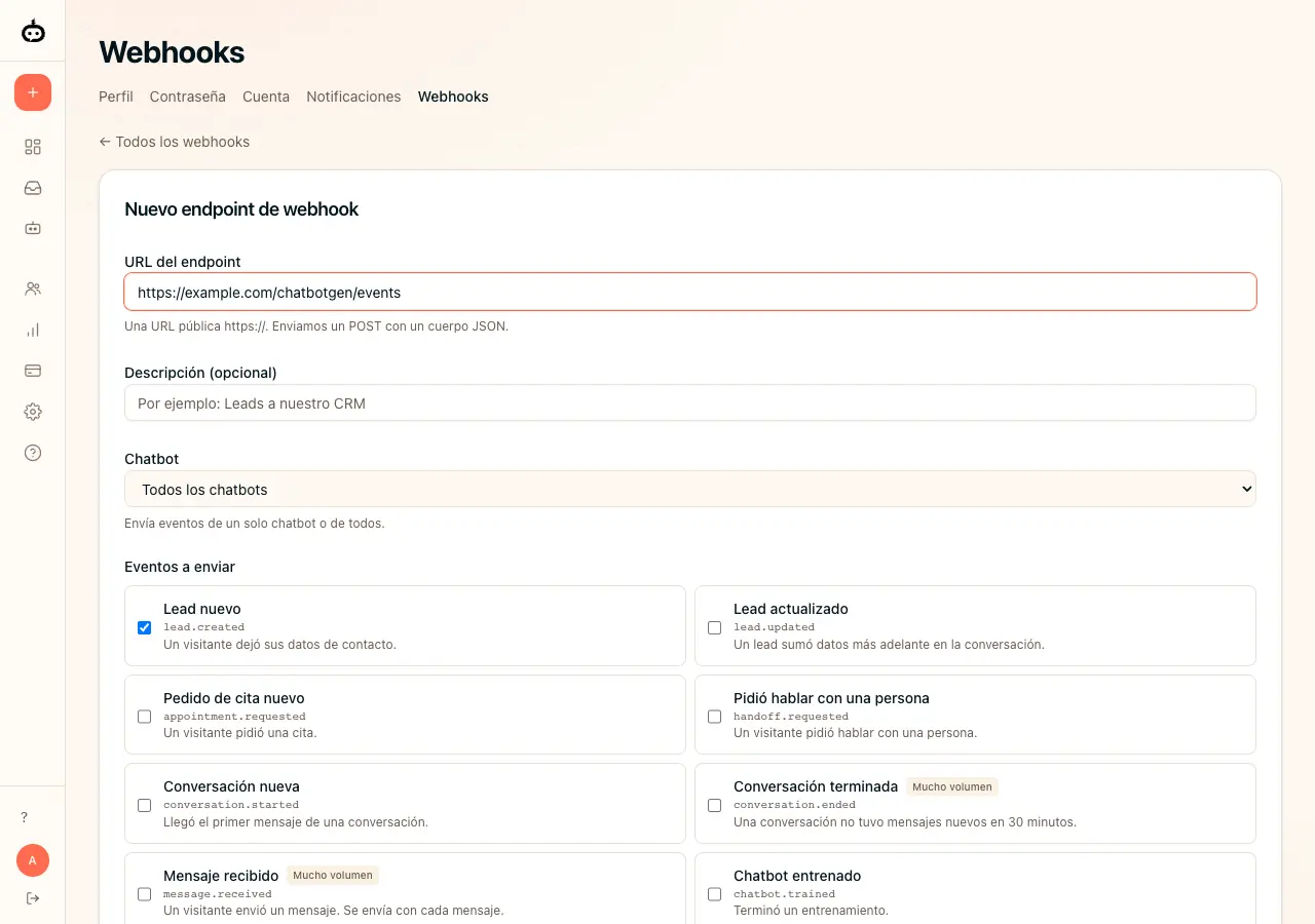 Crea un endpoint de webhook y elige eventos