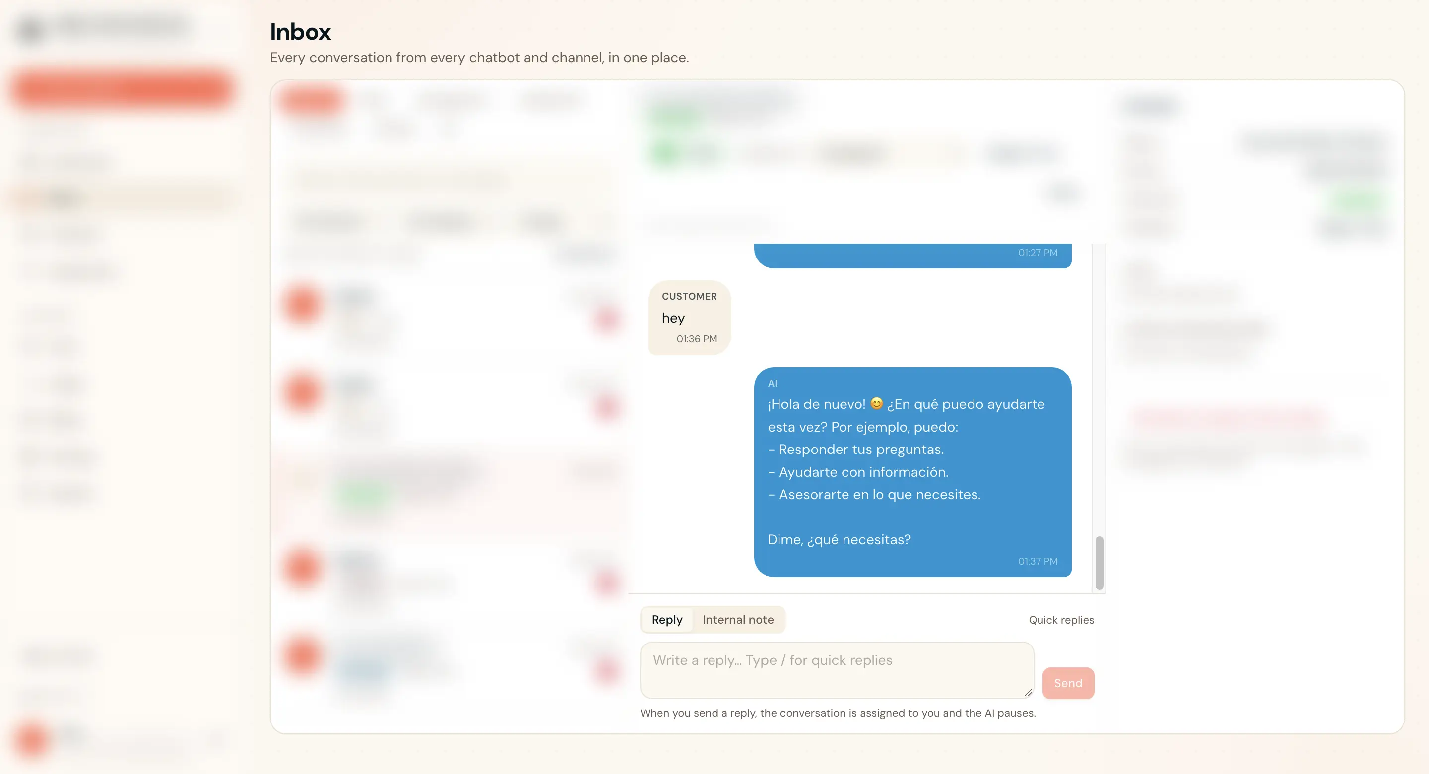 A real WhatsApp test conversation in the ChatbotGen inbox, with identifying details blurred