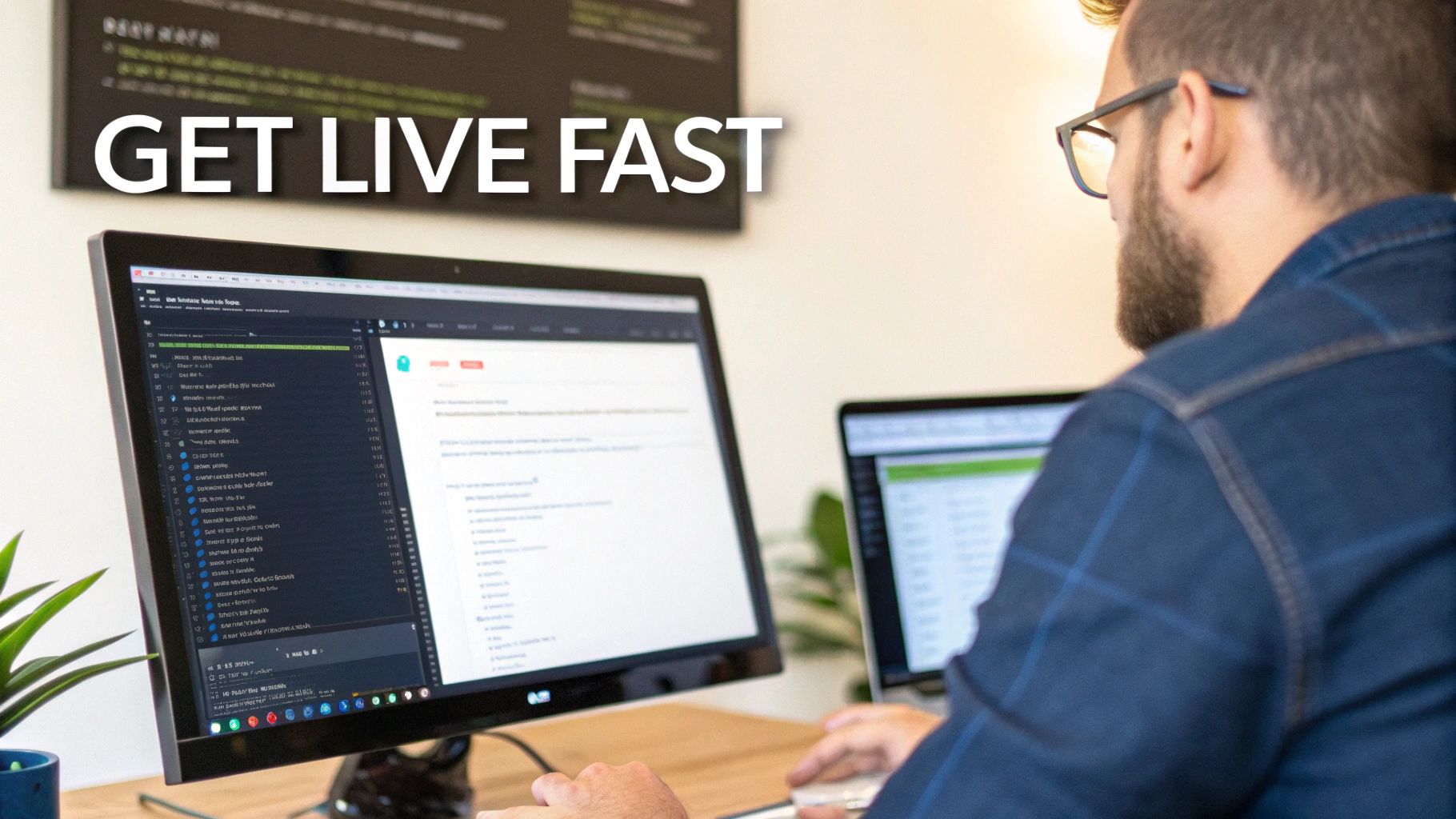 A man in glasses works at a computer displaying code and a web application, with 'GET LIVE FAST' text.