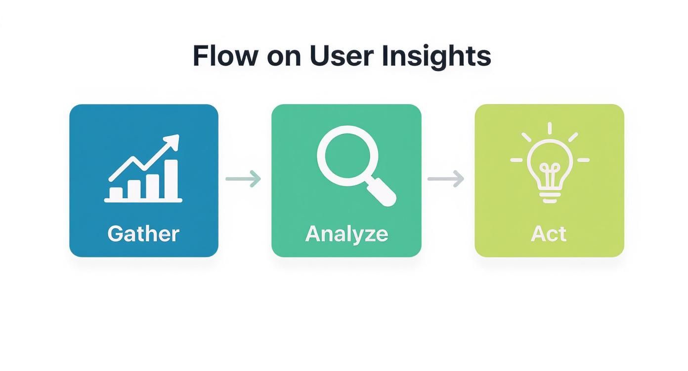 A three-step flow chart titled 'Flow on User Insights': Gather, Analyze, Act, with icons.