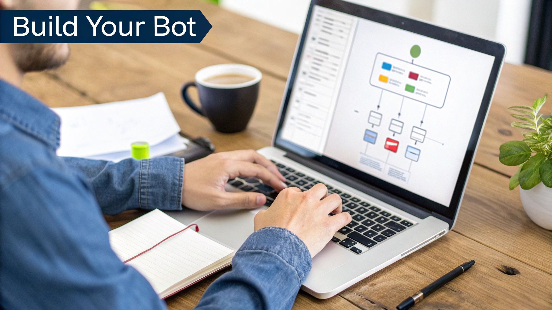 A person types on a laptop displaying a 'Build Your Bot' flowchart on a wooden desk.