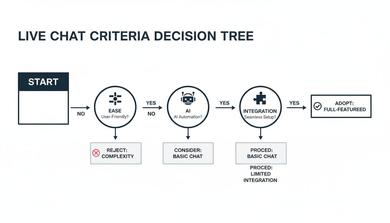 Live chat criteria decision tree illustrating steps for selecting chat software features.