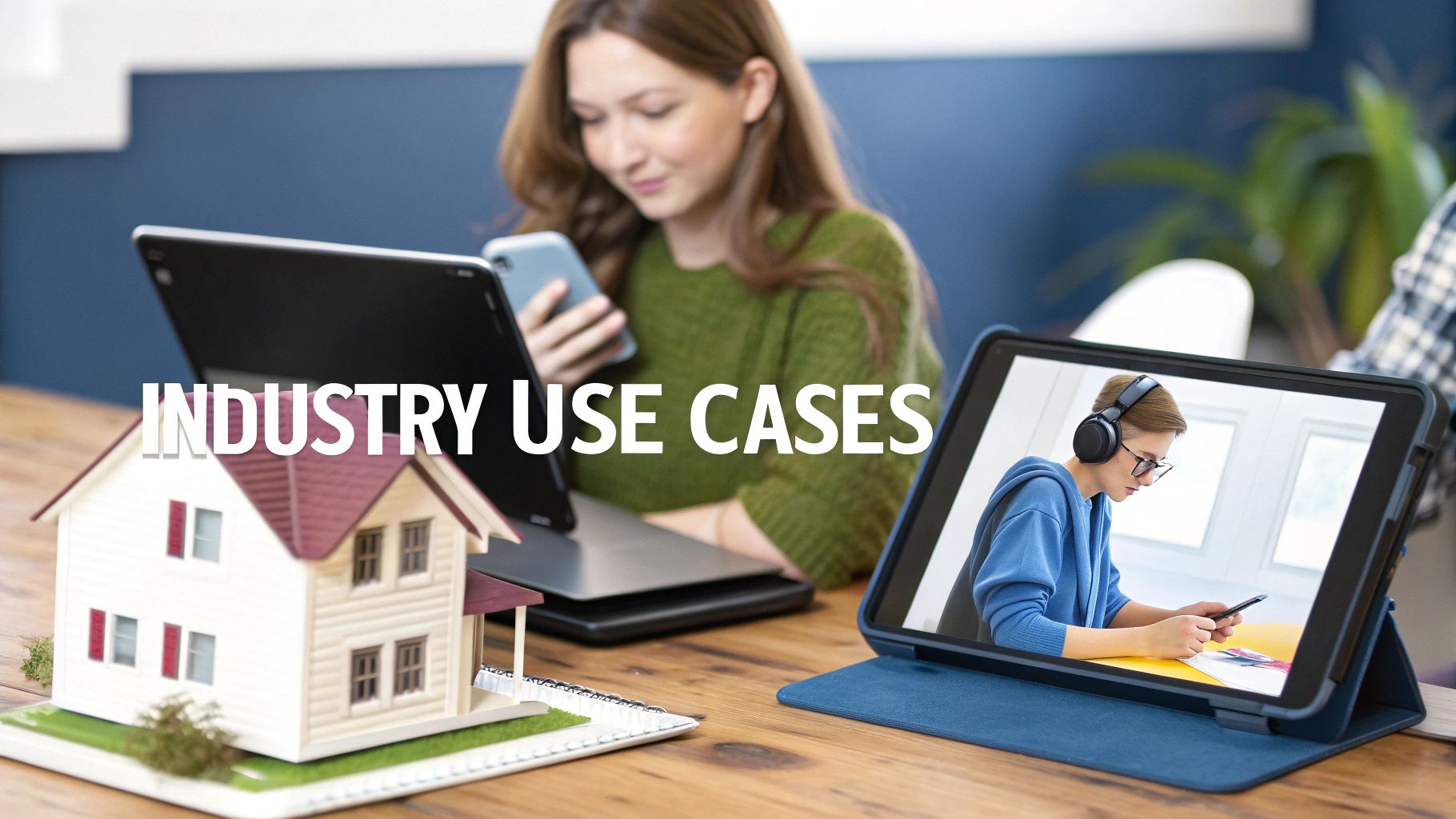 A woman working with a laptop and phone, a smart home model, and a tablet displaying remote work use cases.