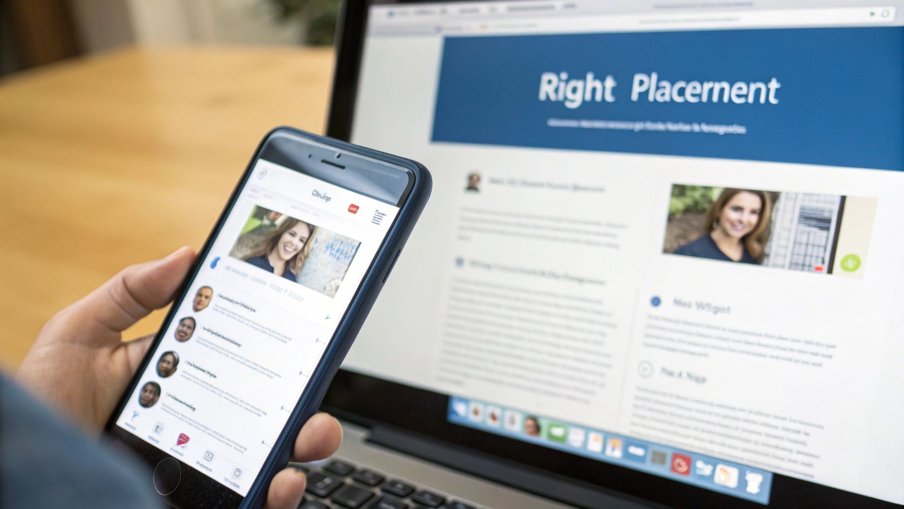 A person holds a smartphone showing online profiles, next to a laptop displaying a 'Right Placement' website.
