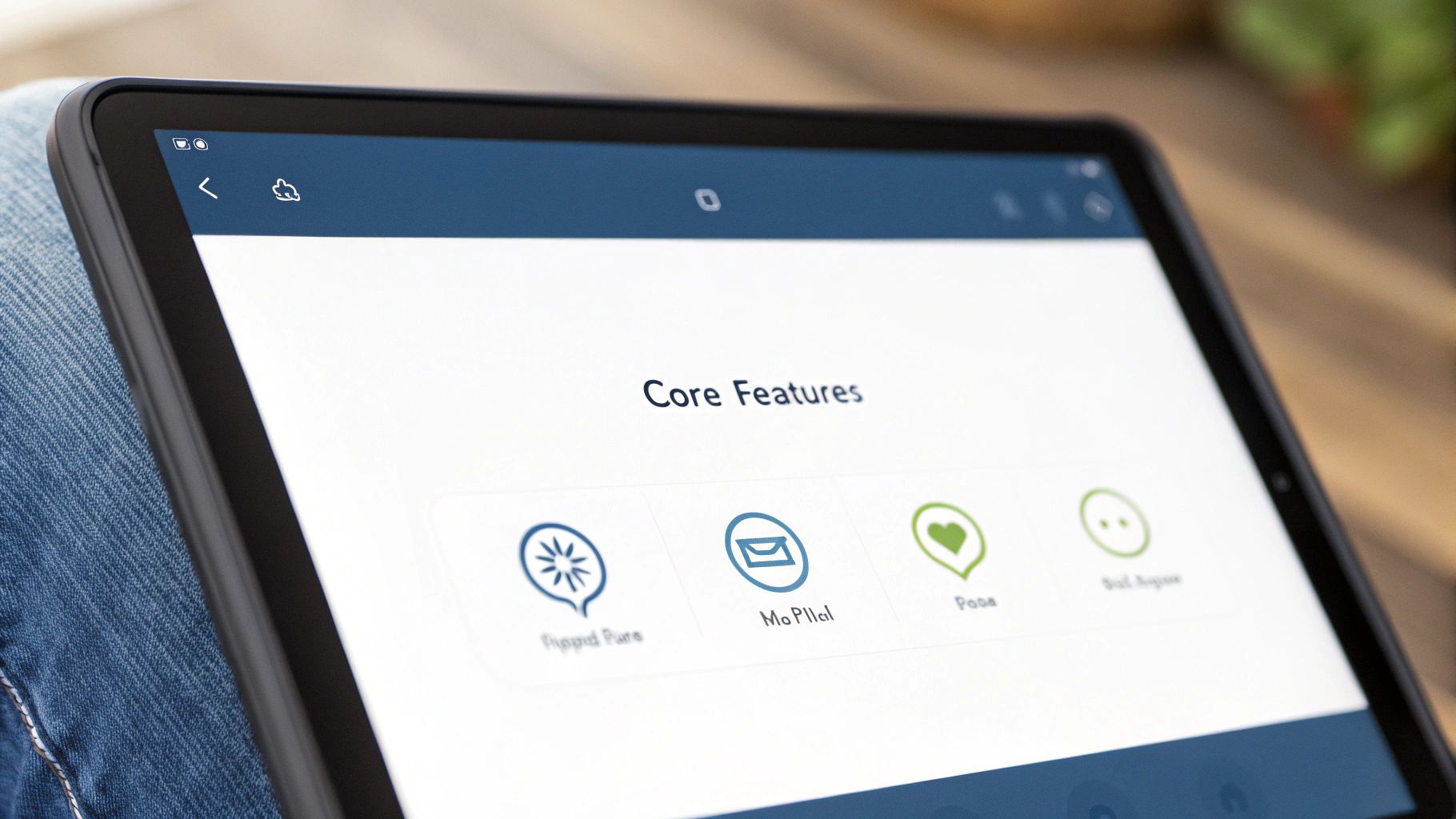 A close-up of a tablet screen displaying an application with 'Core Features' and several icons.