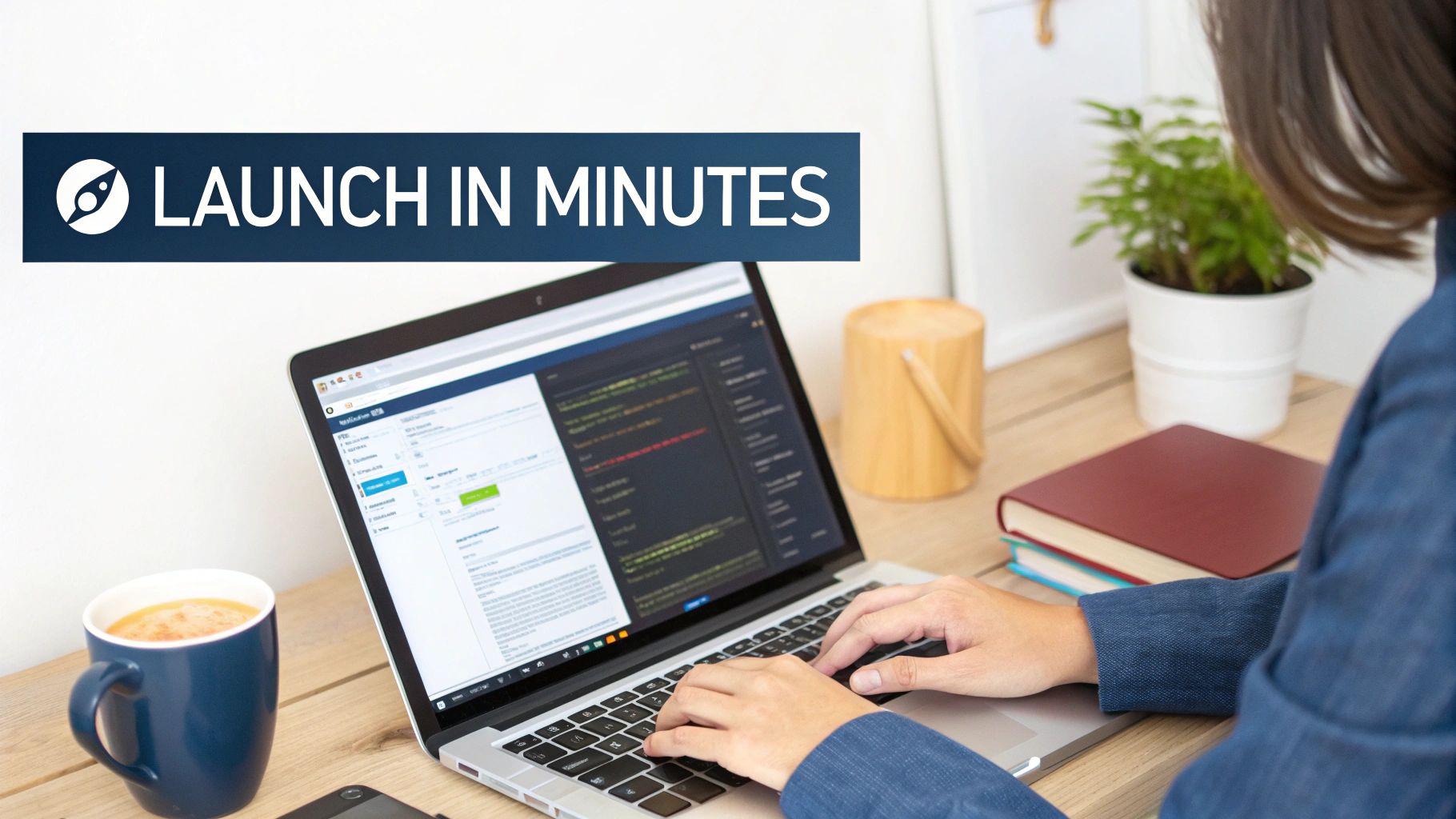 A person typing on a laptop with a 'LAUNCH IN MINUTES' banner, coffee, and plants on the desk.