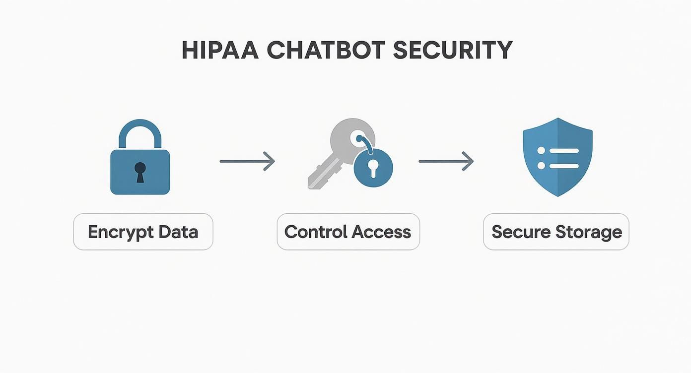 A diagram illustrating HIPAA chatbot security steps: Encrypt Data, Control Access, and Secure Storage.