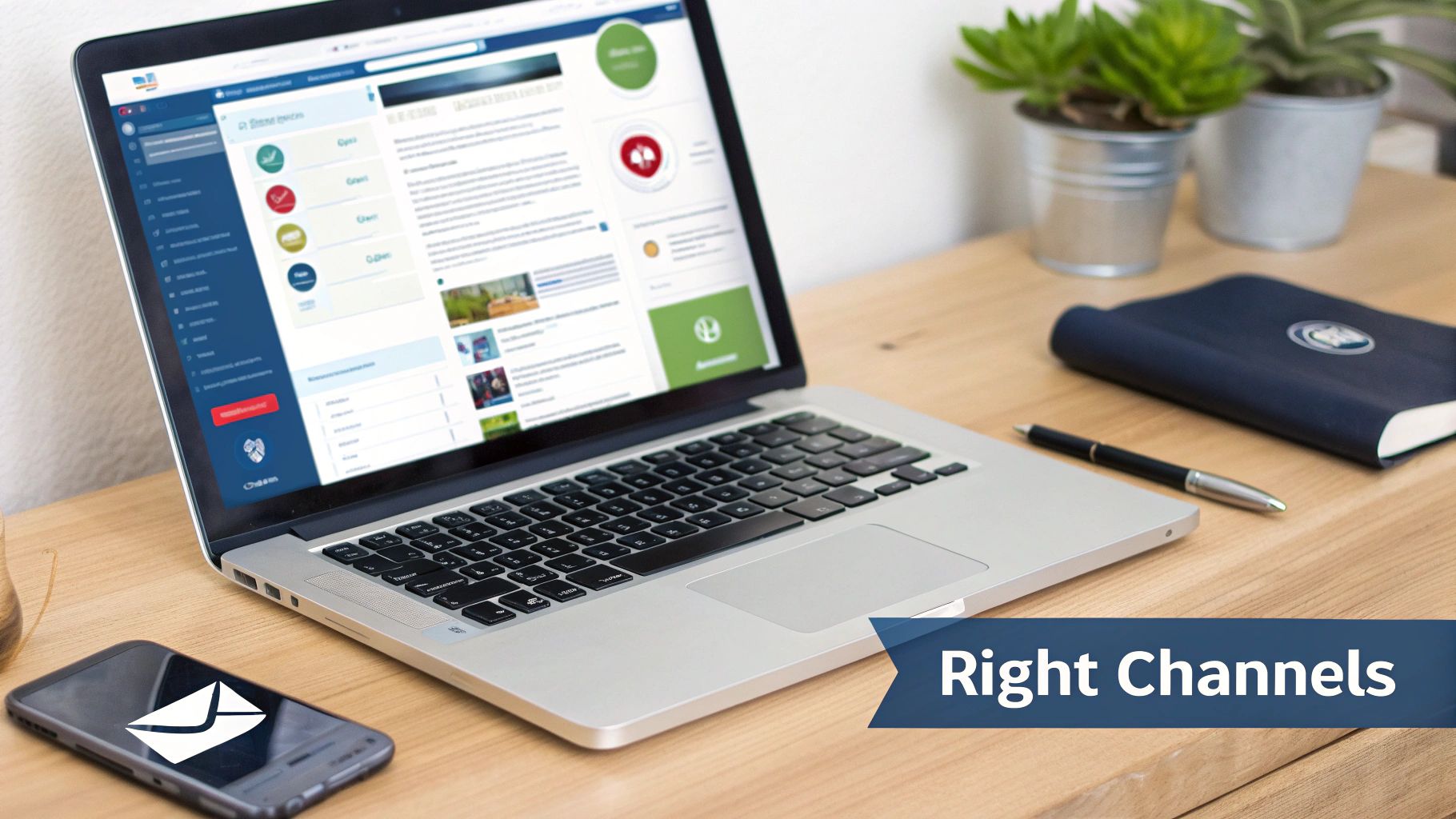 Laptop displaying a dashboard next to a smartphone with an email icon, notebook, and plants on a desk.