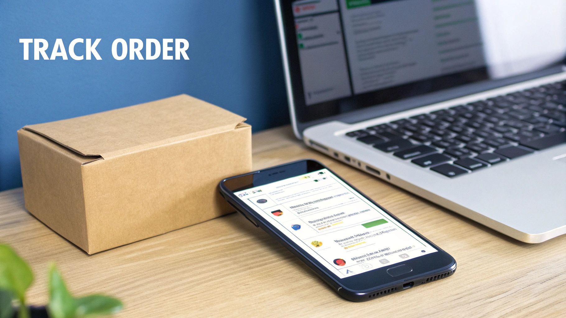 A smartphone tracking an order next to a delivery box and a laptop on a wooden desk.