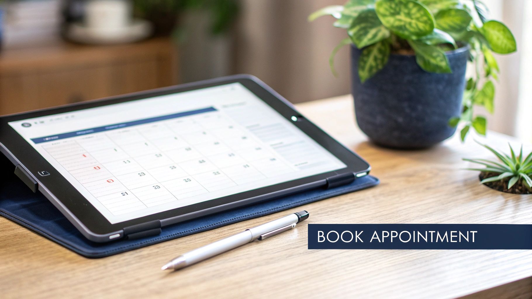 A tablet displaying a calendar app, a pen, and potted plants on a wooden desk, with 'BOOK APPOINTMENT' text.