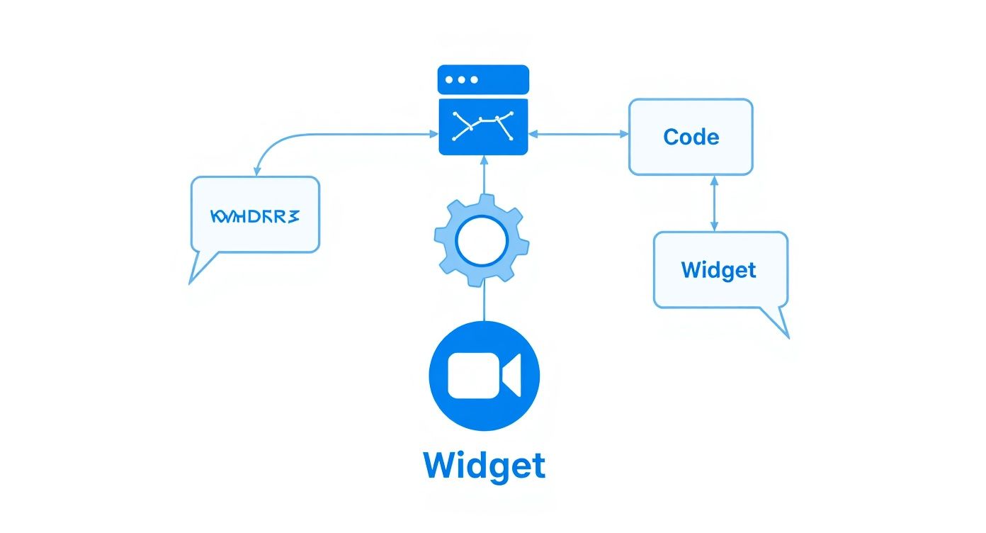 A technical diagram illustrating the interaction between a central service, code, and multiple widget components.