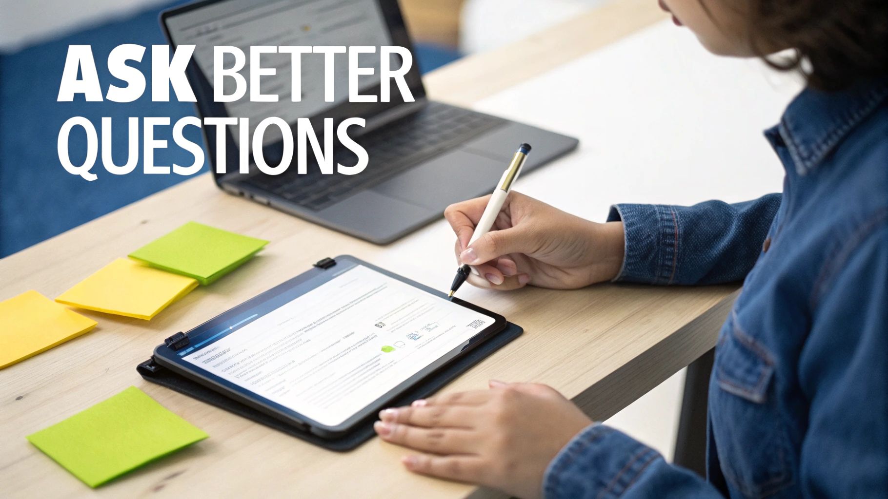 Person writing notes on a digital tablet with a stylus, surrounded by sticky notes and a laptop.