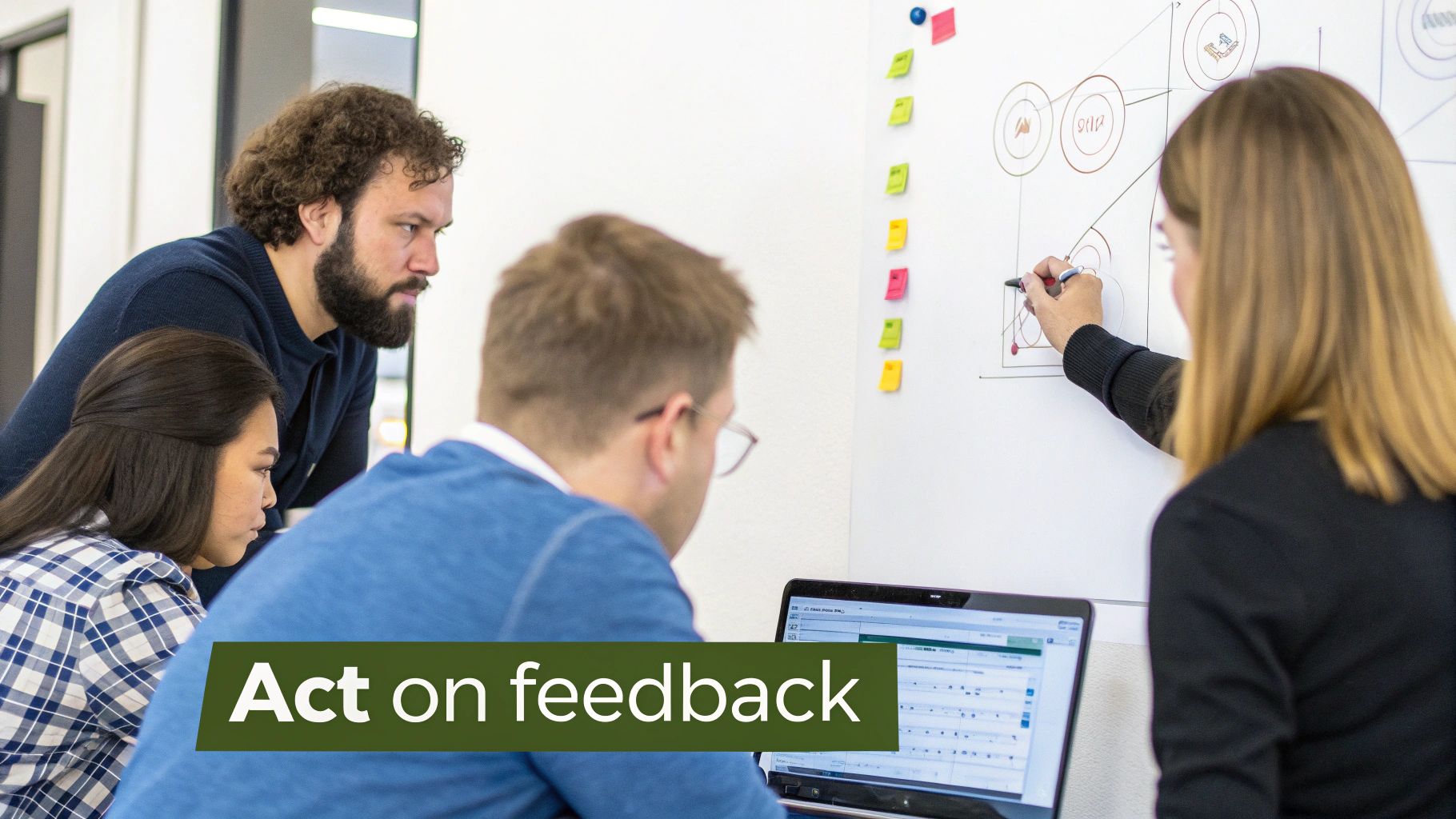 Four diverse professionals collaborate, acting on feedback by drawing diagrams and using a laptop.