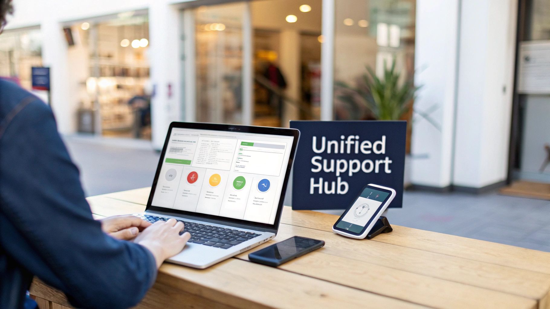 A person uses a laptop displaying a customer service dashboard, with smartphones and a "Unified Support Hub" sign.