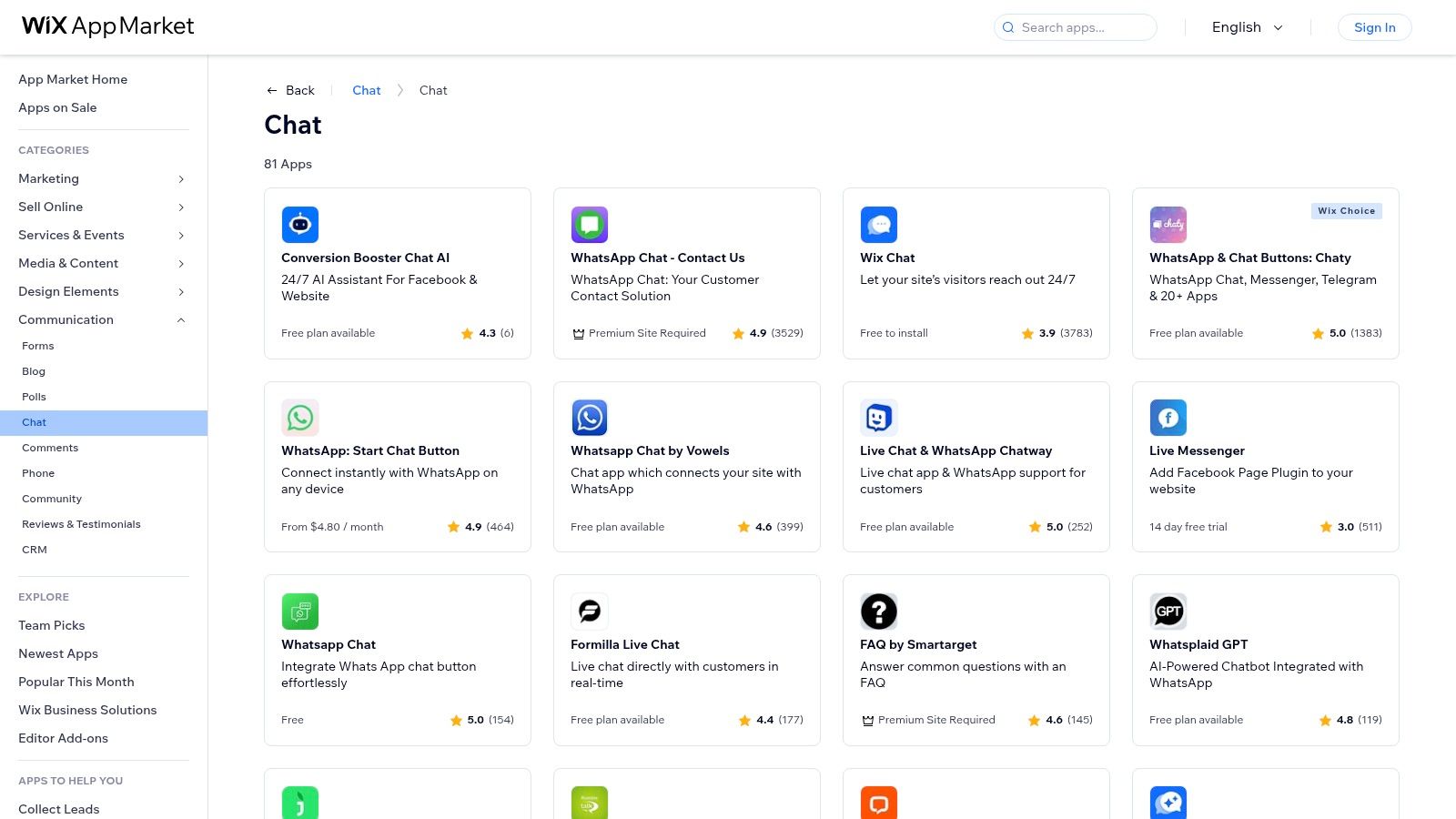 Wix App Market — Chat category