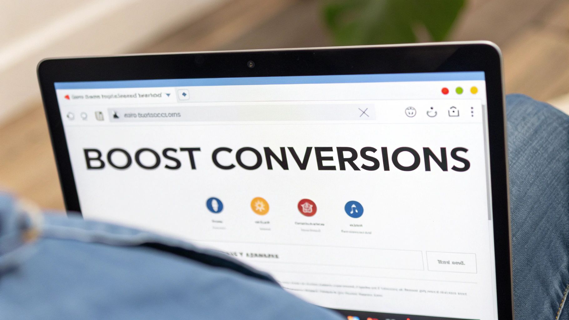 Close-up of a laptop screen displaying "BOOST CONVERSIONS" on a website, seen from above.
