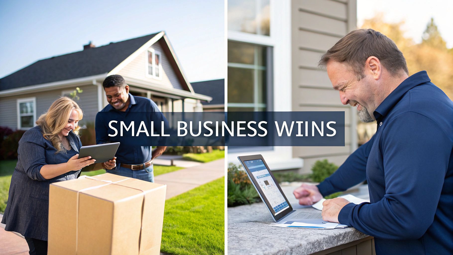 Diverse small business owners using a tablet for successful operations and deliveries, showing wins.