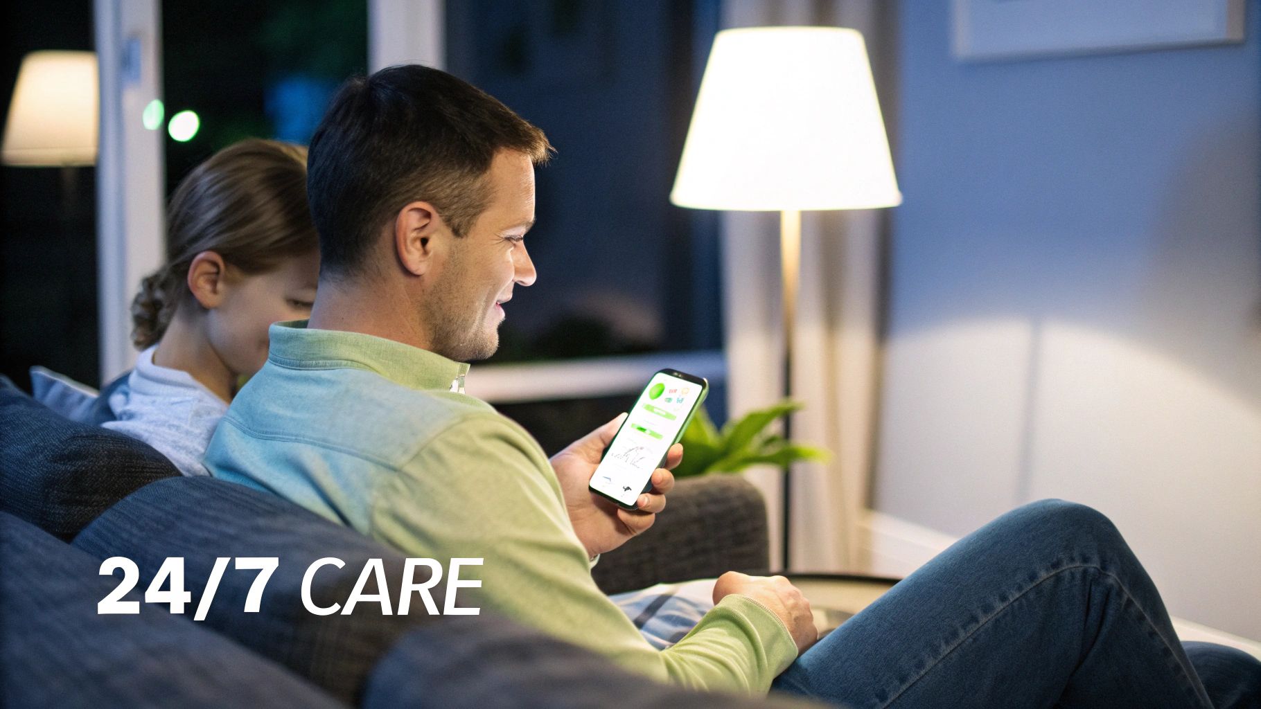 Smiling man on a sofa using a smartphone with a healthcare app, with '24/7 CARE' text.