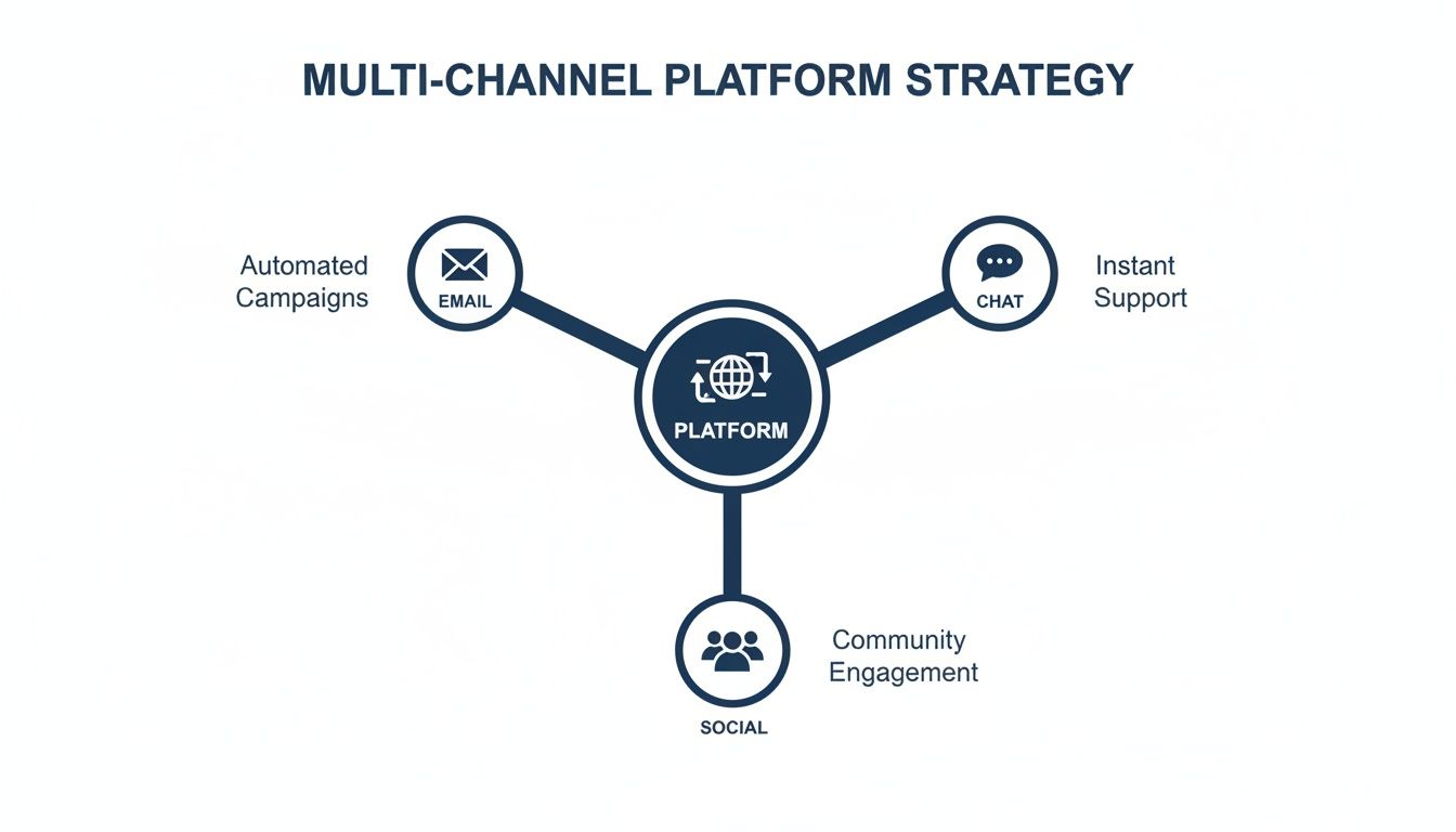 A diagram illustrating a multi-channel platform strategy connecting a central platform to email, chat, and social channels.