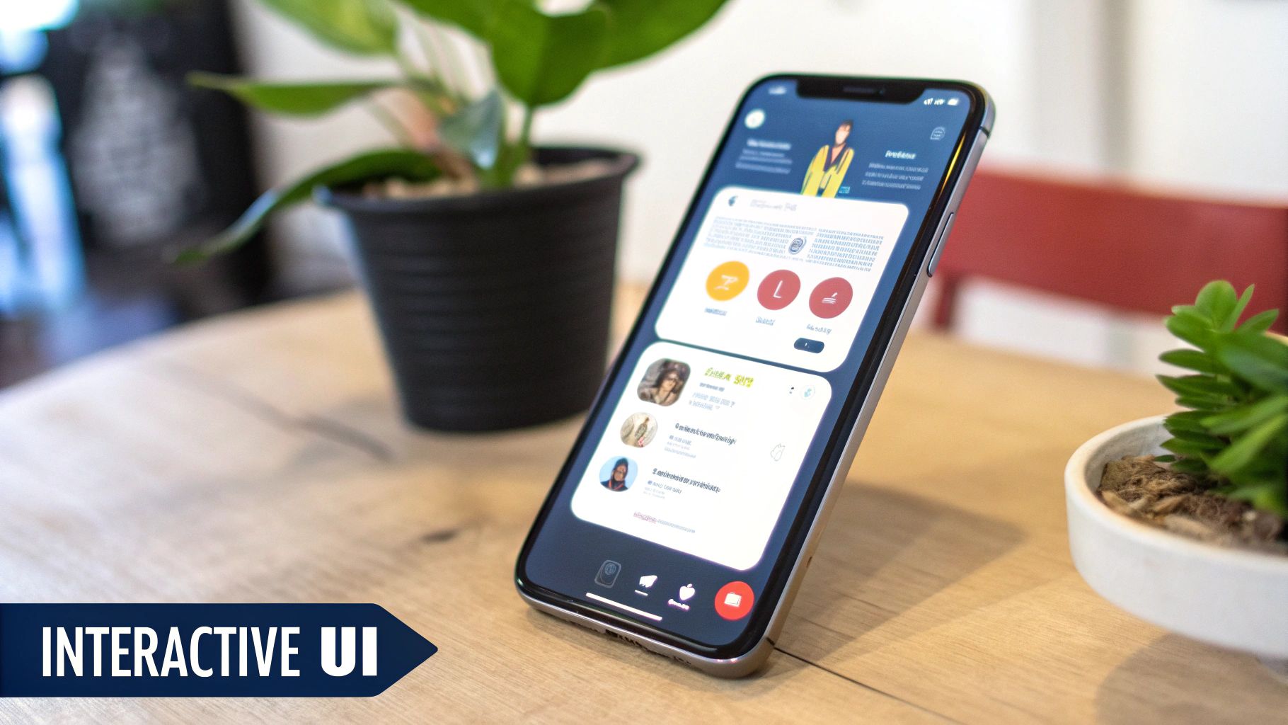 A smartphone showcasing an interactive chatbot interface design, on a wooden table next to green plants.