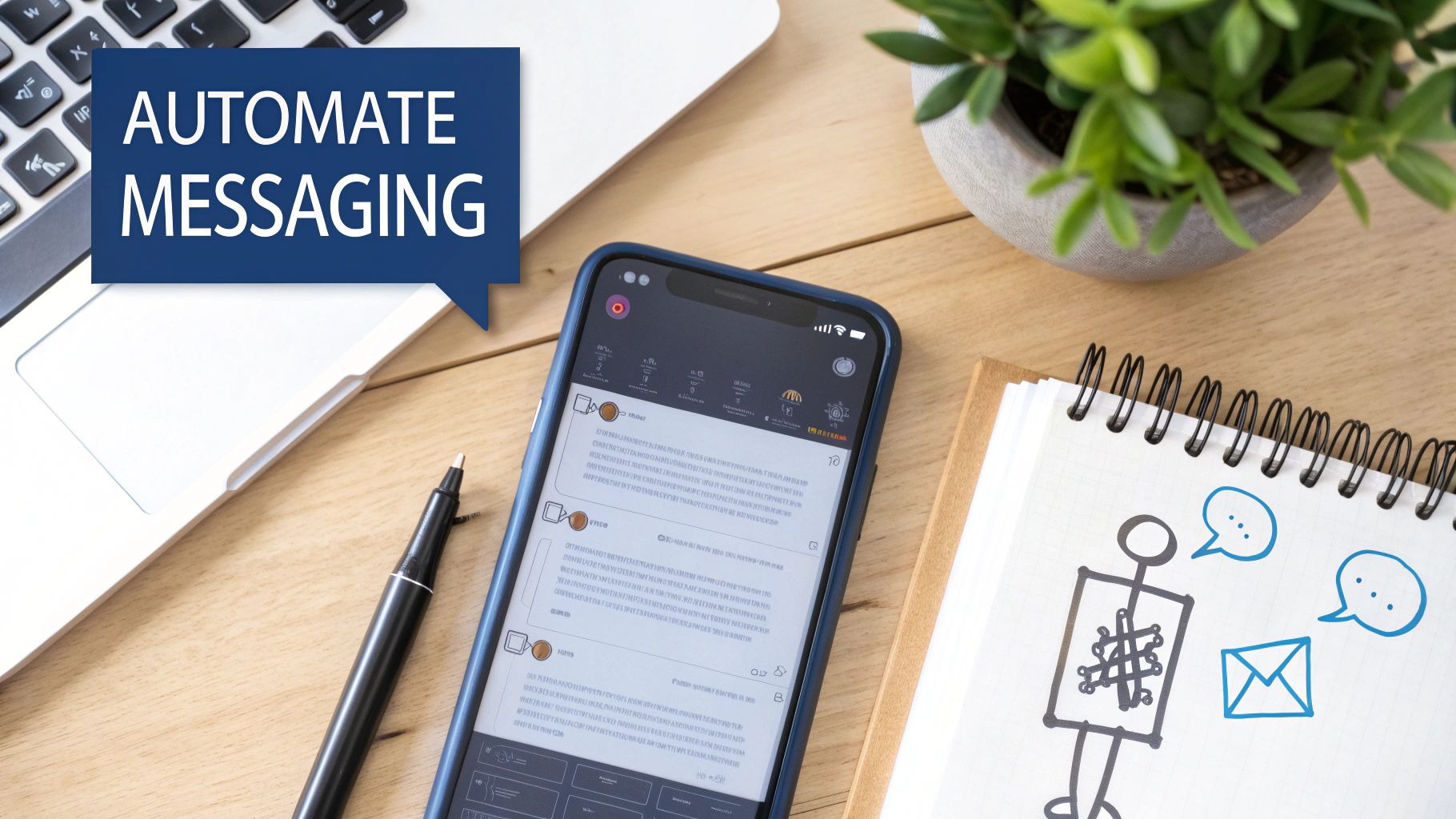 Desk flat lay with a laptop, smartphone showing a messaging app, and a notebook with communication doodles, highlighting automated messaging.