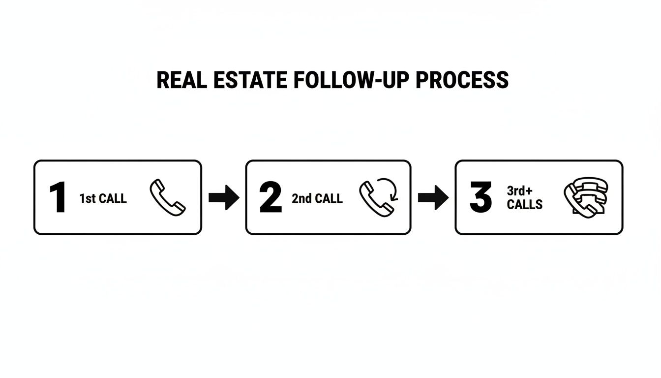 Flowchart illustrating a real estate follow-up process with sequential steps for 1st, 2nd, and 3+ calls.