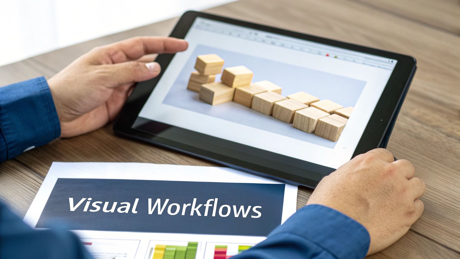 A person reviewing a tablet showing a wooden block chart and a 'Visual Workflows' document.