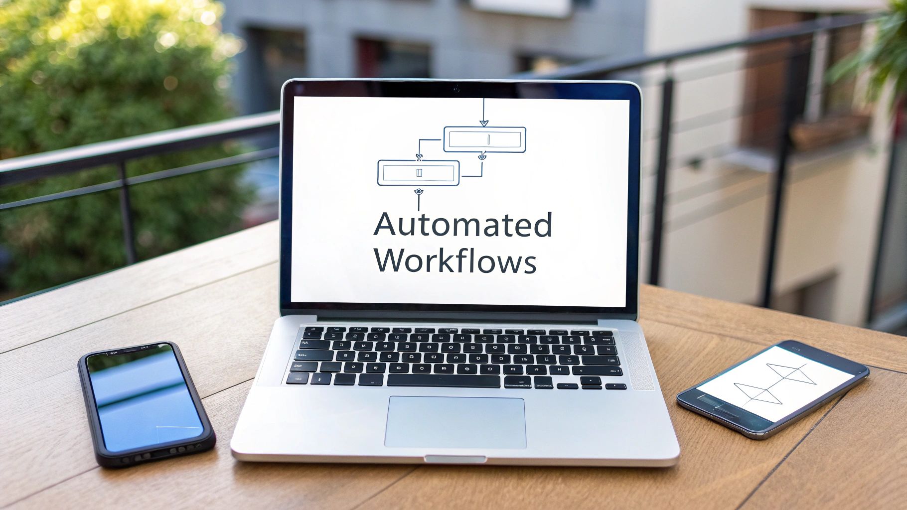 Laptop displaying an automated workflows diagram, flanked by smartphones on a wooden table outdoors.