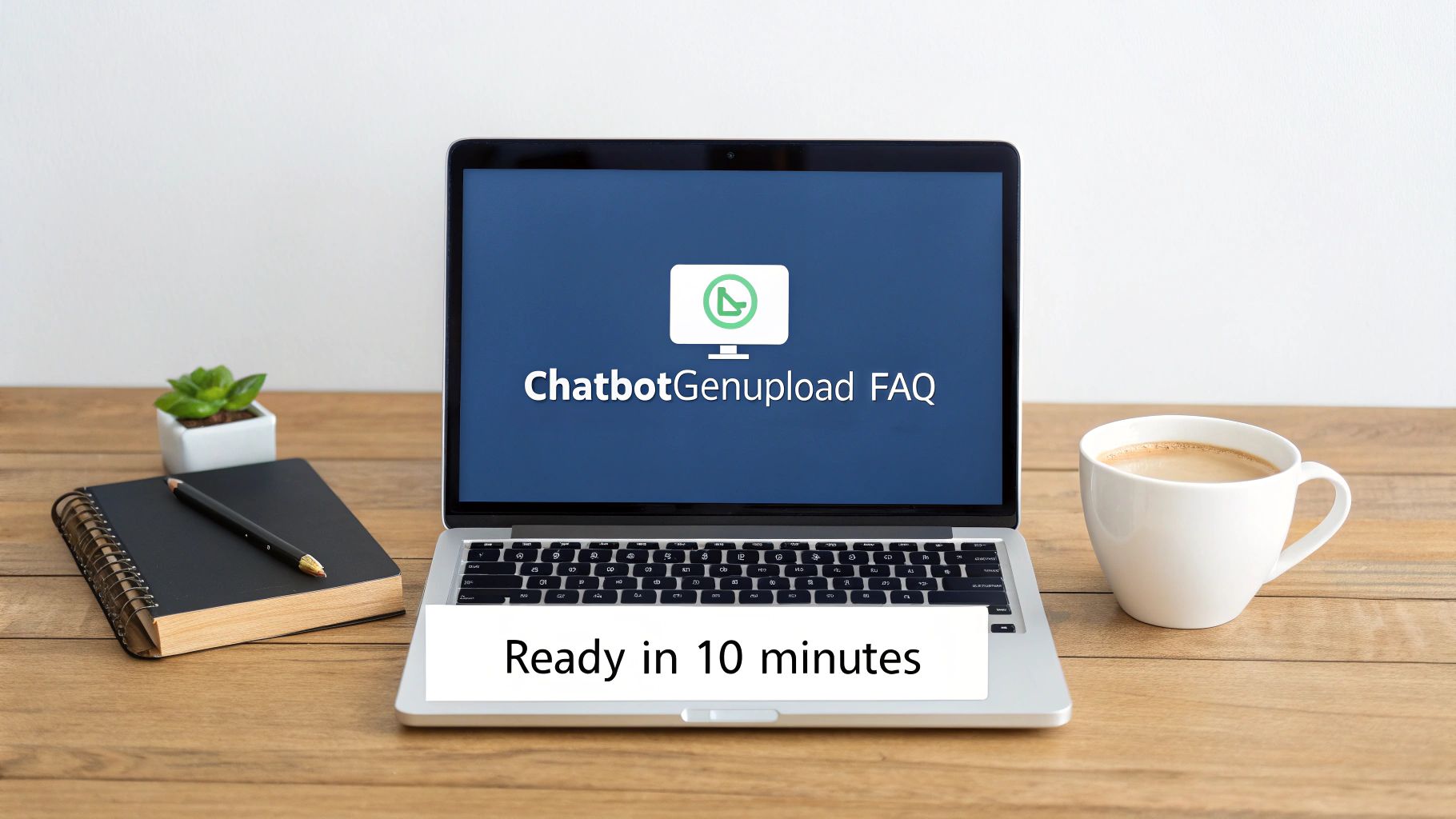 A laptop on a wooden desk displays 'ChatbotGenupload FAQ' and 'Ready in 10 minutes', beside a coffee cup.