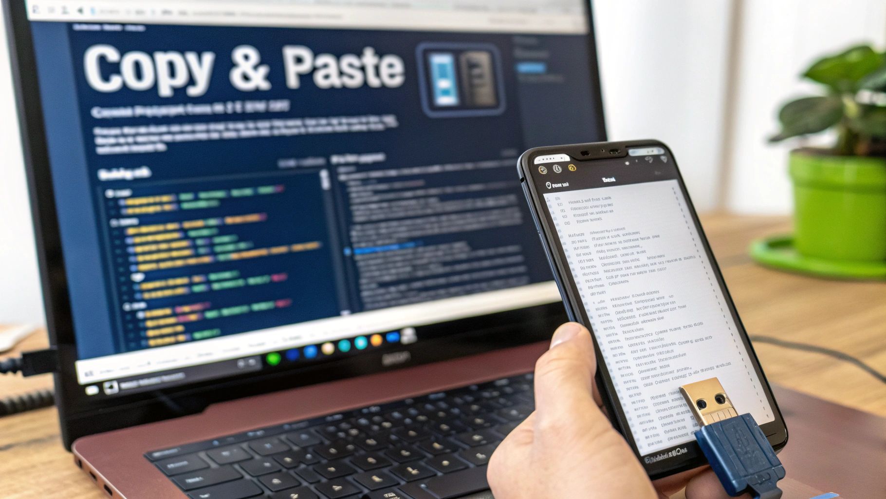 A person's hand holds a smartphone with a USB drive, next to a laptop displaying "Copy & Paste" and code.