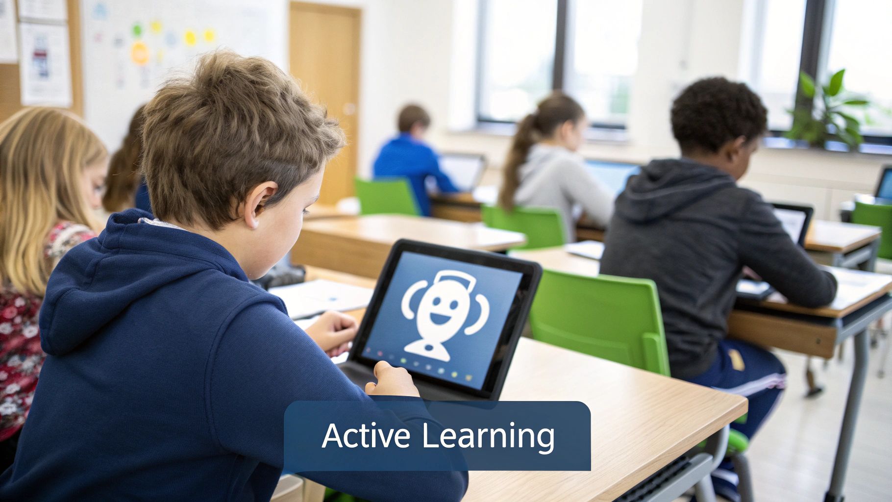 Students in a modern classroom interacting with educational technology on tablets