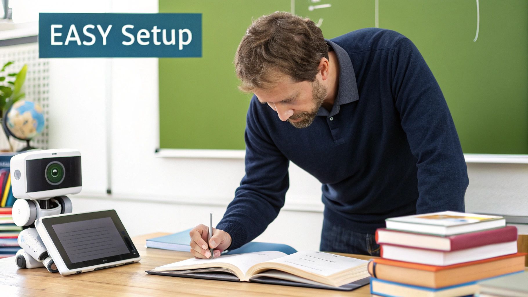 A team of educators collaborating on a project with a laptop and digital interface.