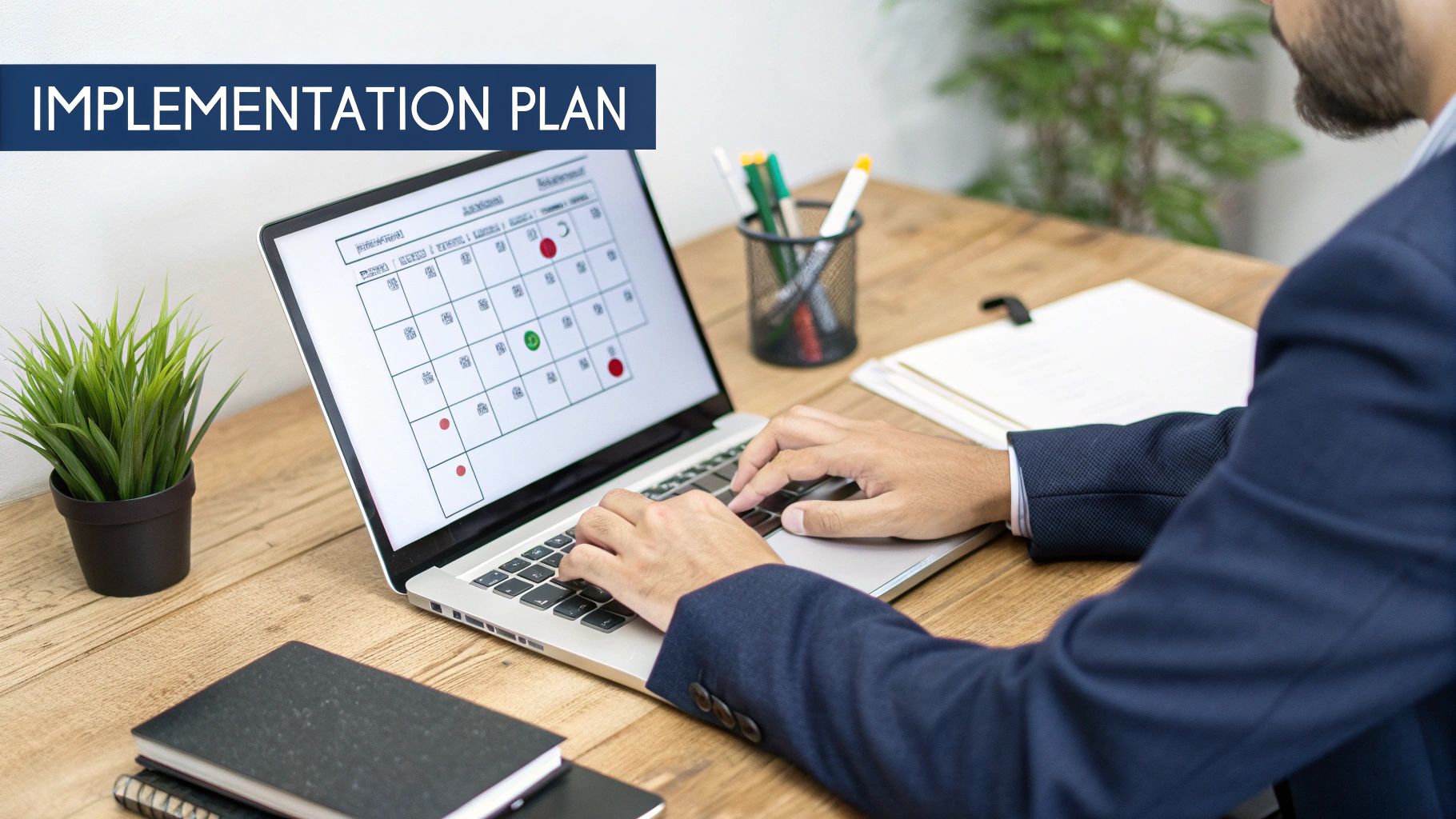 A businessman typing on a laptop displaying a calendar with a project implementation plan.