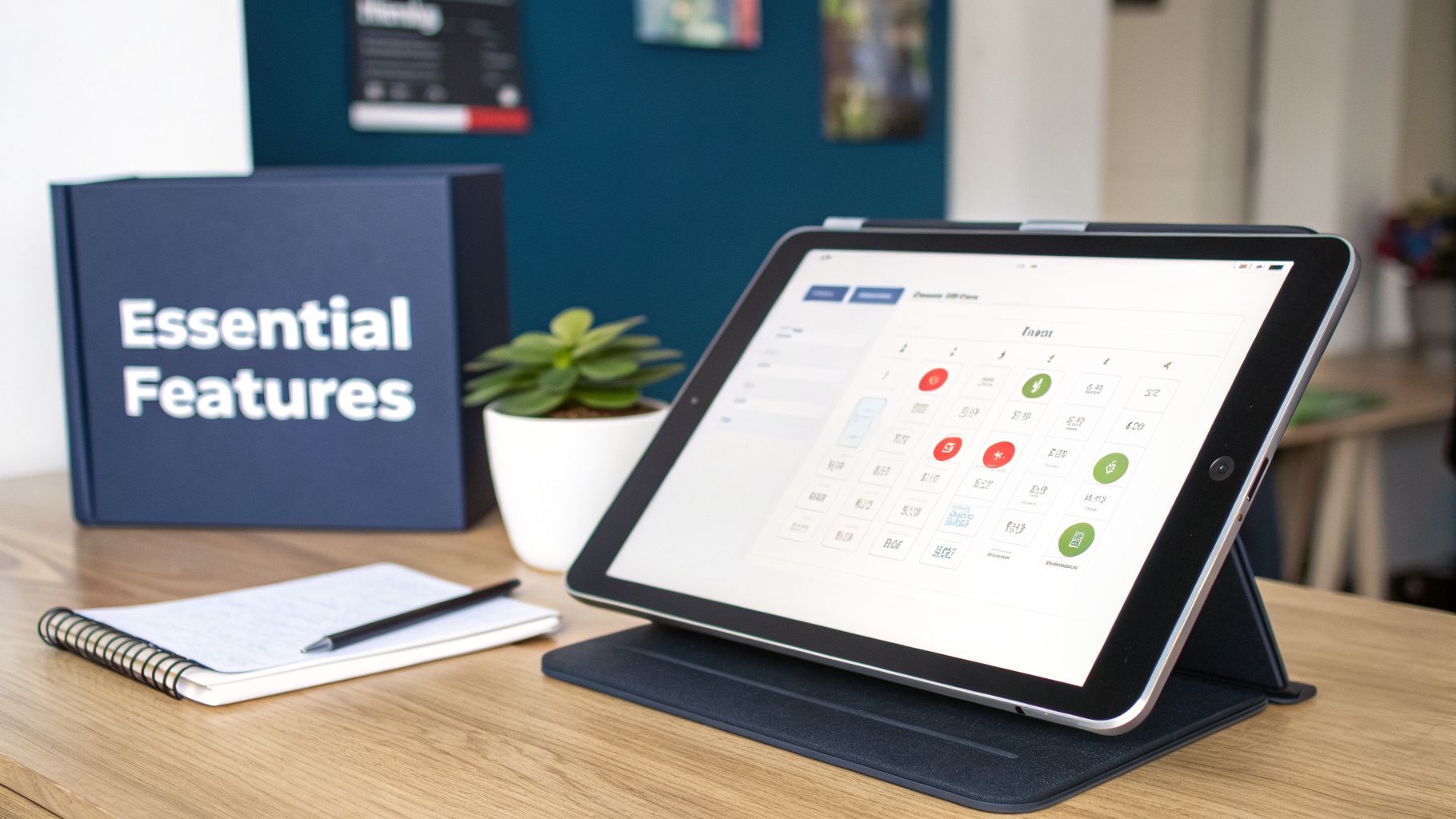 An iPad displaying scheduling software, alongside an 'Essential Features' binder and a notebook on a desk.