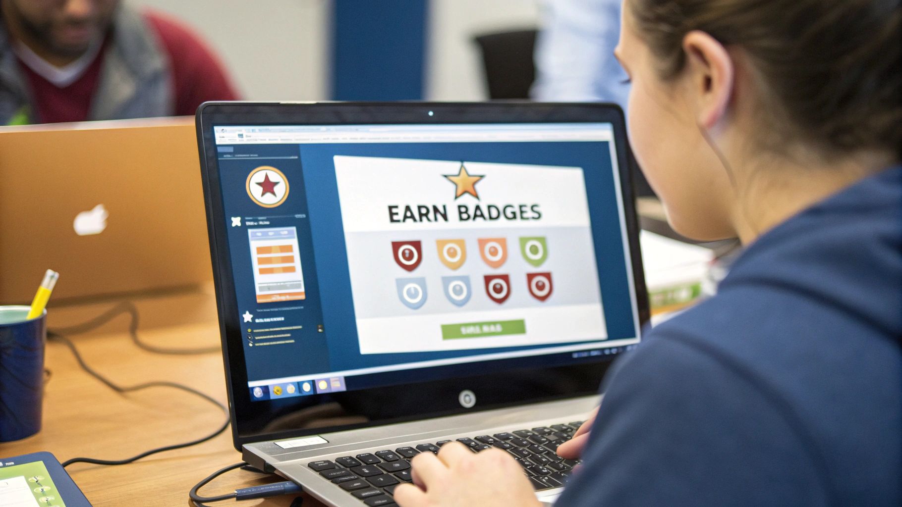 An infographic showcasing various digital badges and gamification elements like leaderboards and progress bars