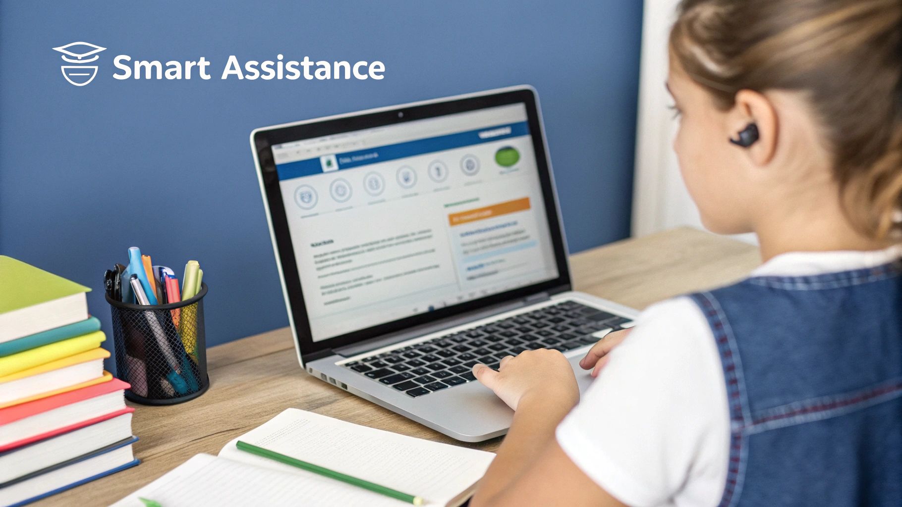 A student interacting with a chatbot on a tablet in a library setting