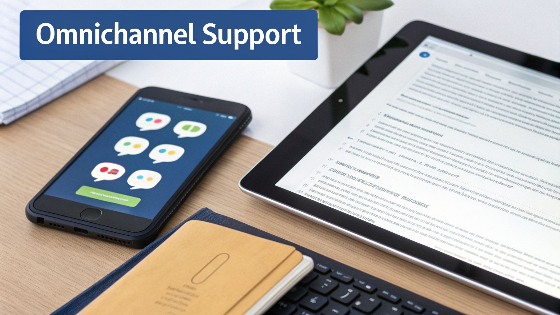 A smartphone and tablet displaying applications on a desk, with a banner stating 'Omnichannel Support'.