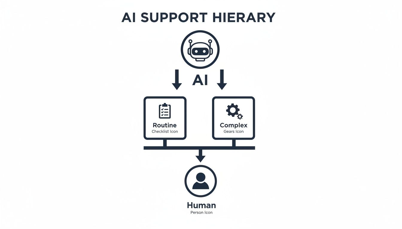 A diagram illustrating an AI support hierarchy, showing AI assisting with routine and complex tasks before human intervention.