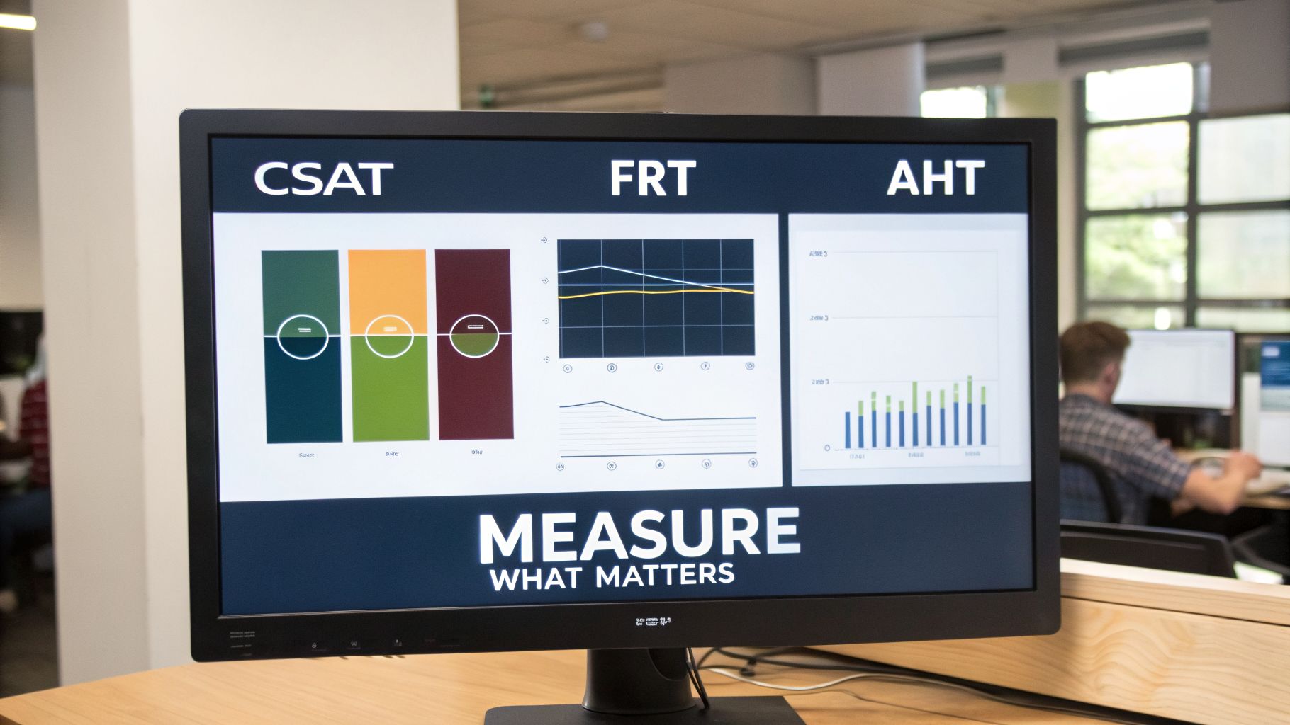 A computer monitor in an office displays a data dashboard with charts for CSAT, FRT, and AHT metrics.
