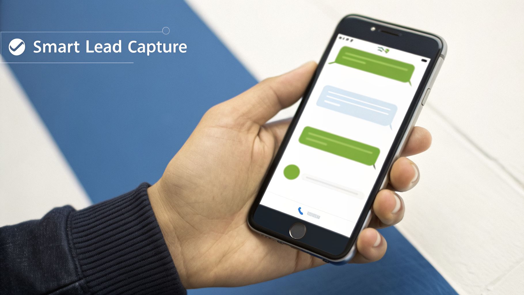 Hand holding a smartphone displaying a chat interface, illustrating 'Smart Lead Capture' with a checkmark.