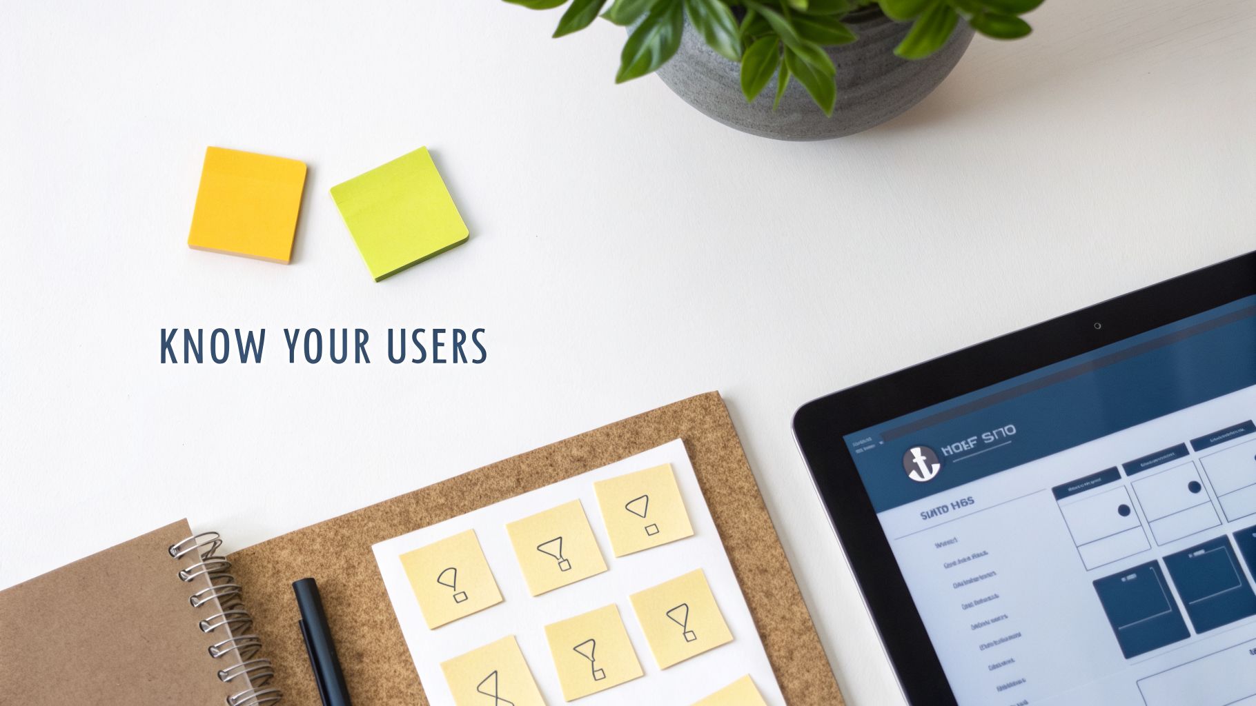 A top-down view of a desk with sticky notes, a tablet showing UI design, and text 'KNOW YOUR USERS'.