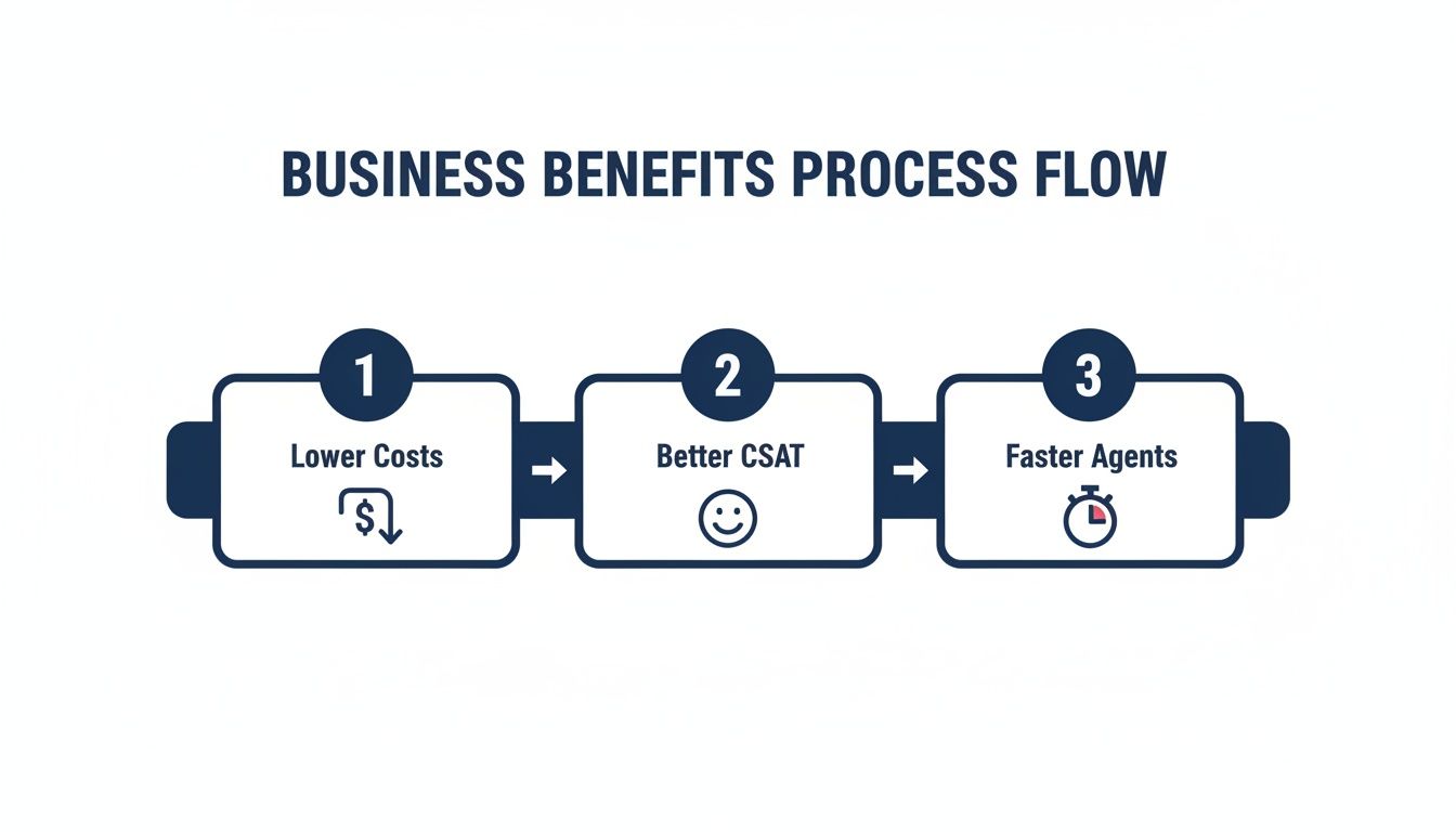 A business benefits process flow diagram showing lower costs, better CSAT, and faster agents.