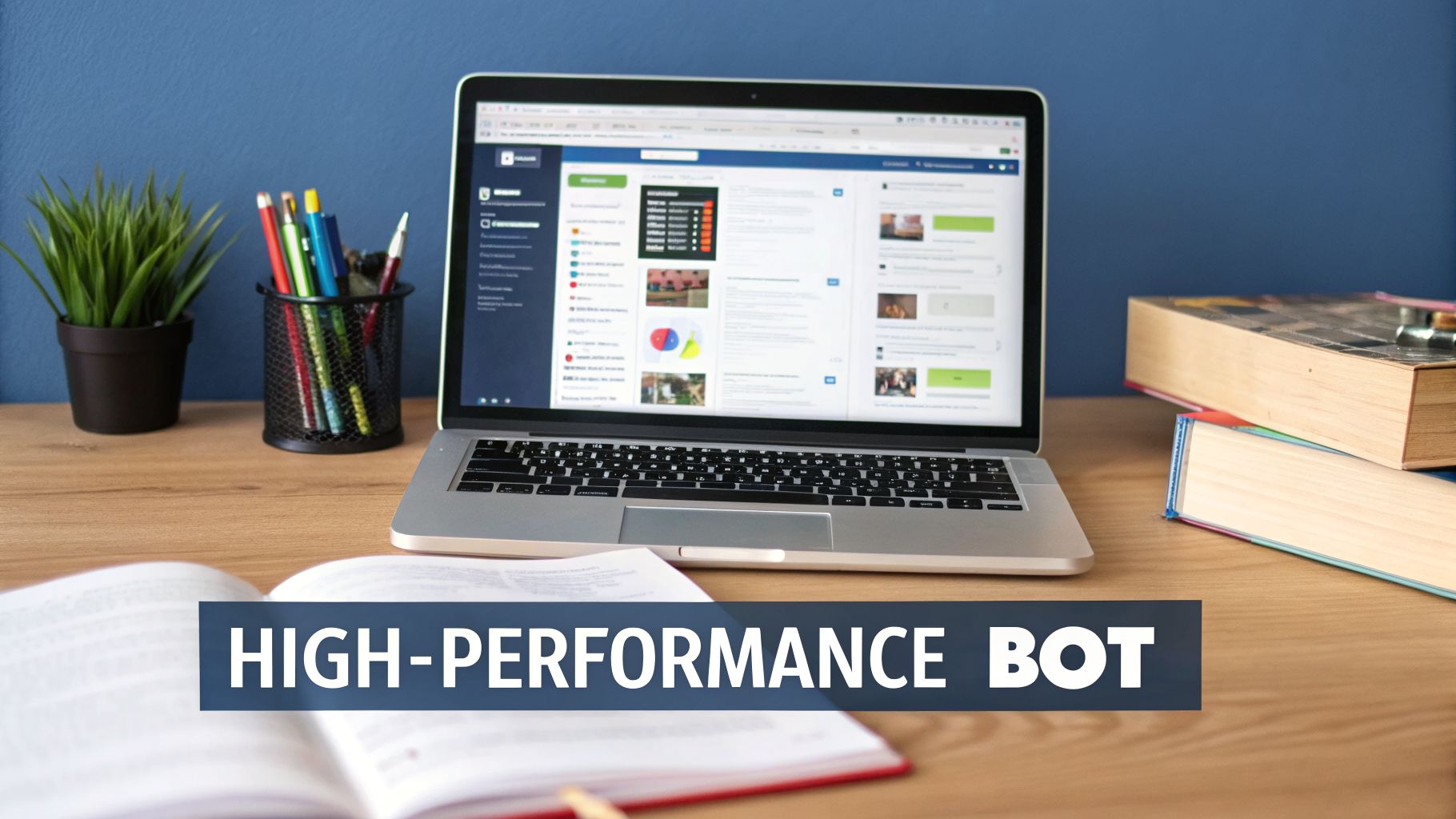 A laptop showing a dashboard on a wooden desk with a plant, pens, and books, featuring 'HIGH-PERFORMANCE BOT' overlay.
