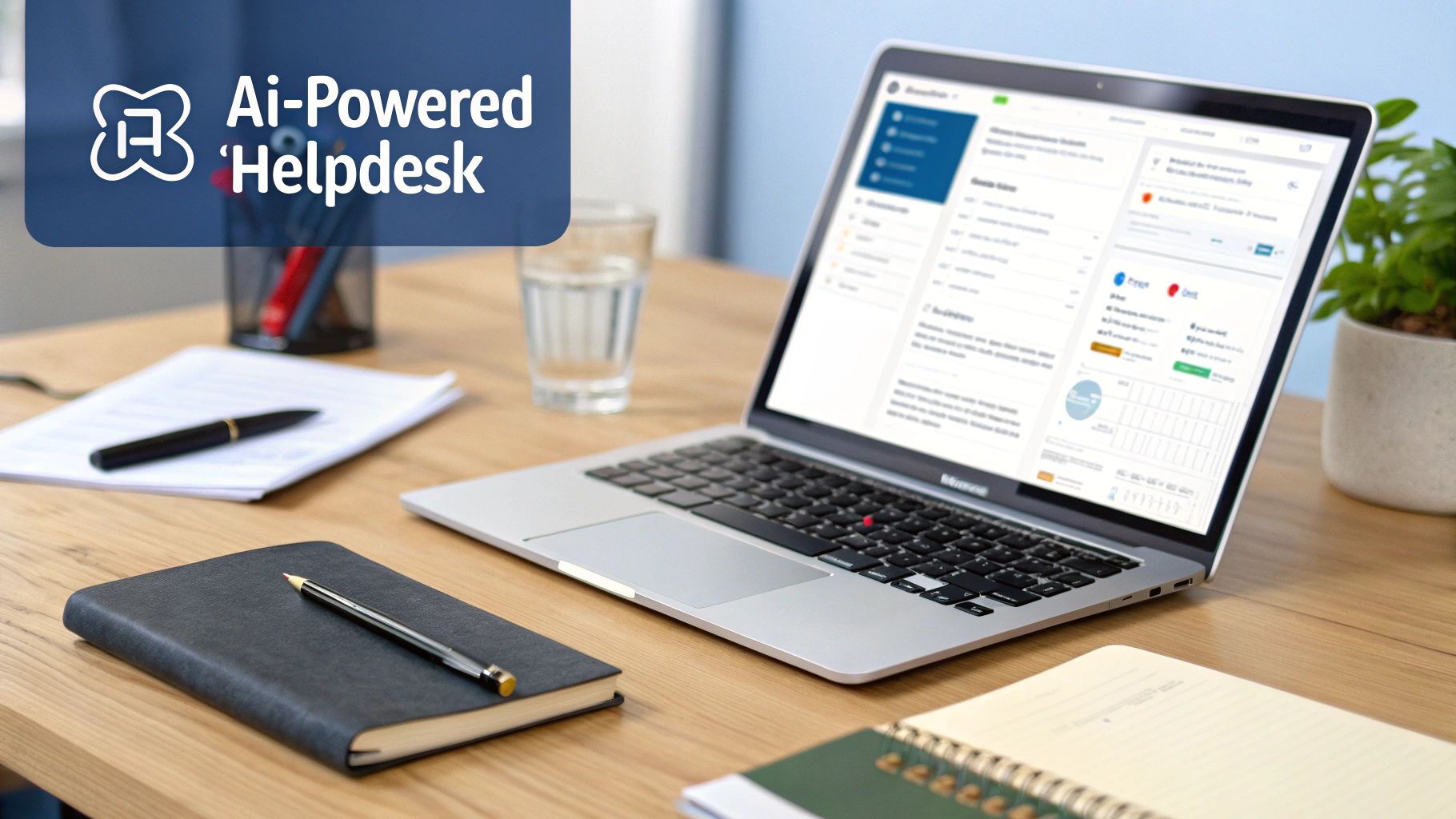 A laptop screen displays an Ai-Powered Helpdesk software interface on a clean wooden desk with office essentials.