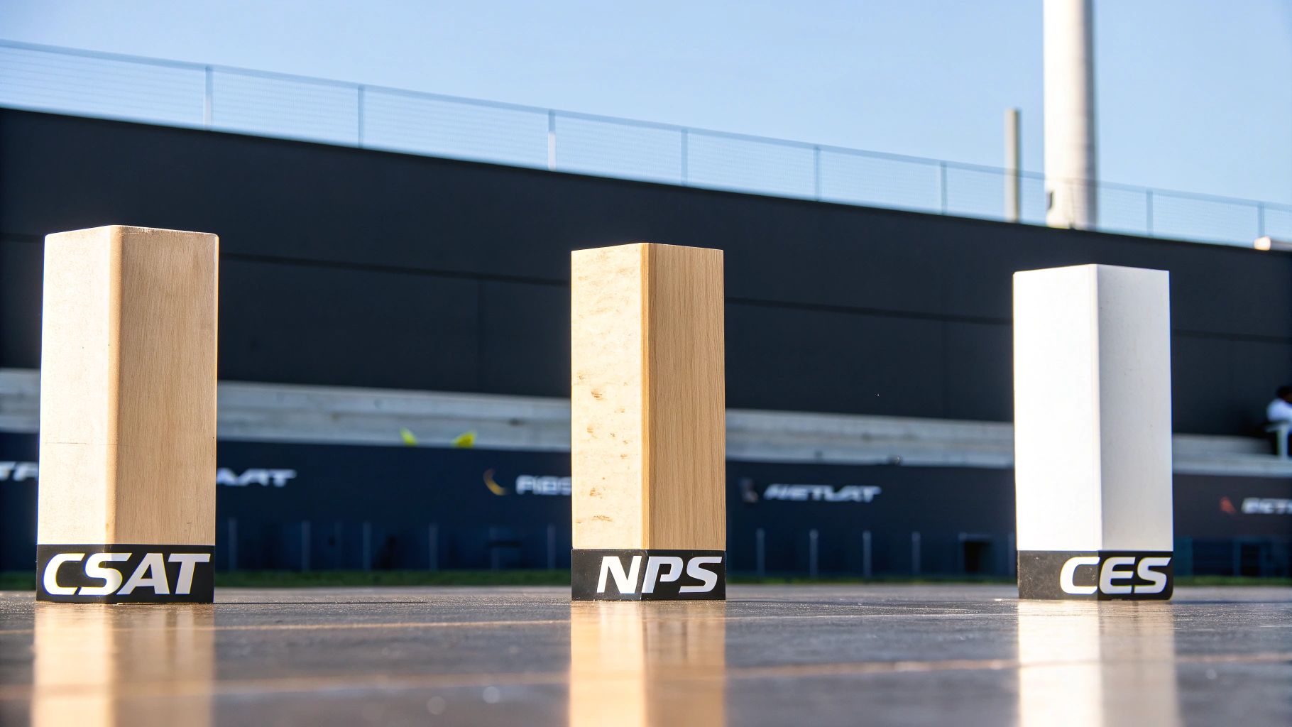 Three standing blocks, two wooden and one white, display CSAT, NPS, and CES metrics outdoors.