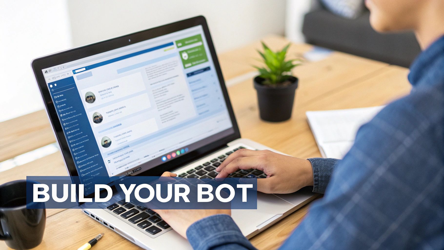 A person building a chatbot on a laptop screen