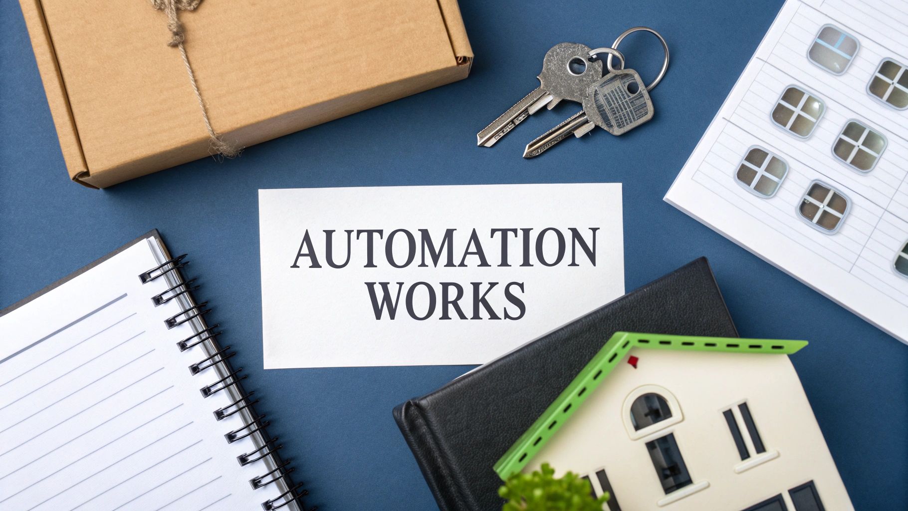 A flat lay image on a blue background shows a card with 'AUTOMATION WORKS' surrounded by a house model, keys, notebook, and a box.