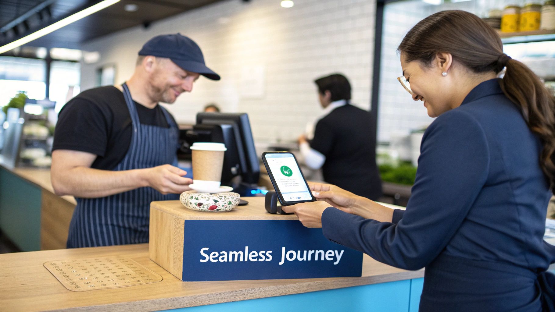 A customer interacting with a brand on multiple devices, illustrating a seamless omnichannel experience.