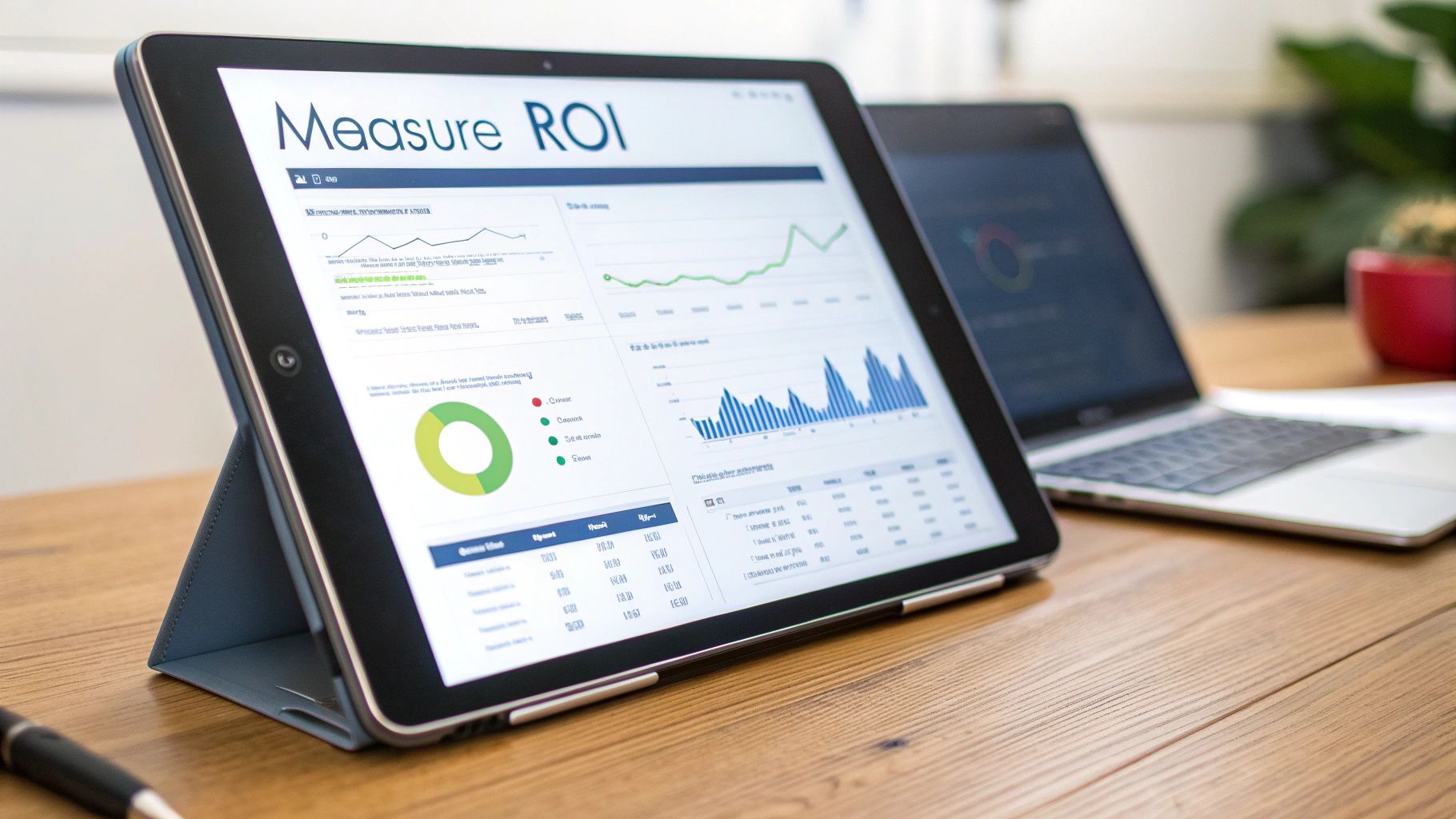 A dashboard showing chatbot analytics and ROI metrics, with charts indicating performance improvements.